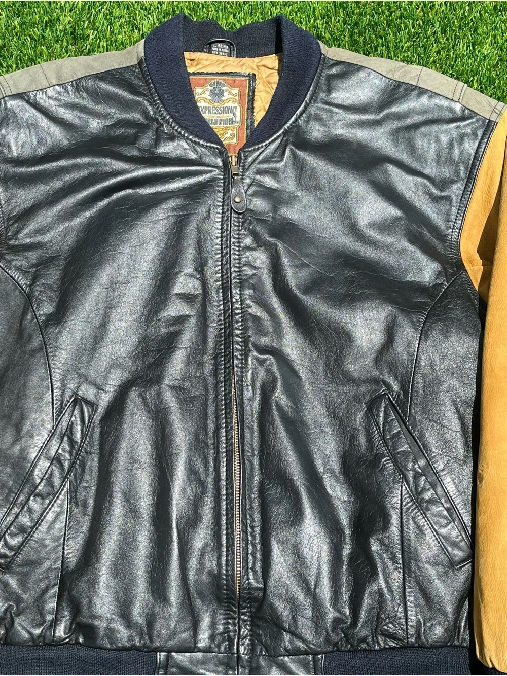 Expressions world wide Leather Bomber Jacket with Tan Sleeves